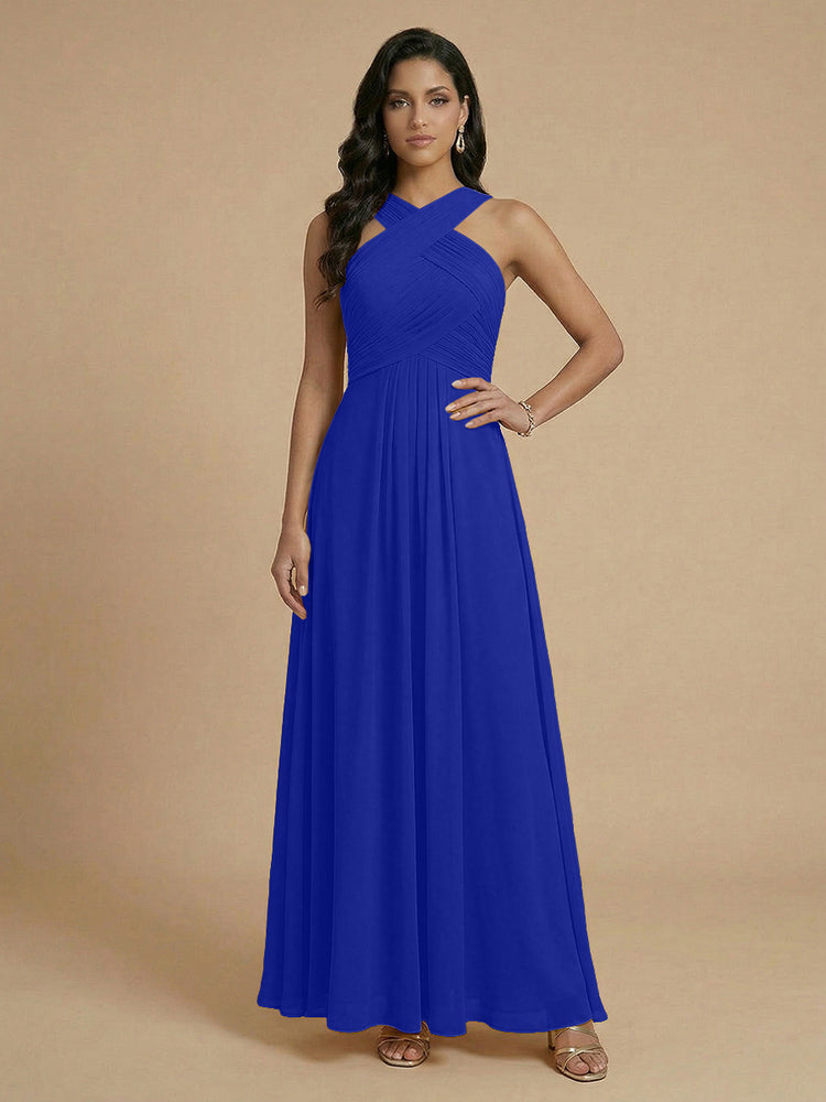Chiffon A-Line Cross-Neck Long Bridesmaid Dresses with Pleated