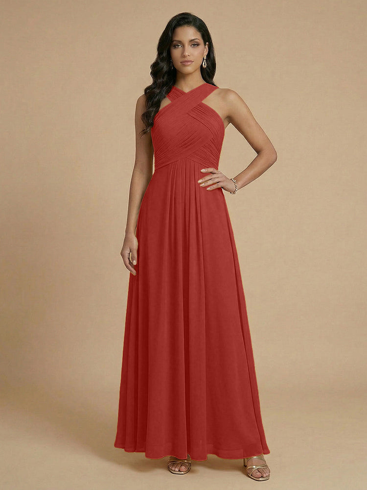 Chiffon A-Line Cross-Neck Long Bridesmaid Dresses with Pleated