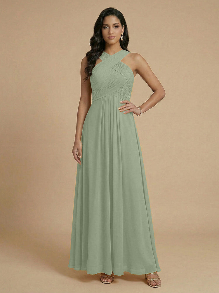 Chiffon A-Line Cross-Neck Long Bridesmaid Dresses with Pleated