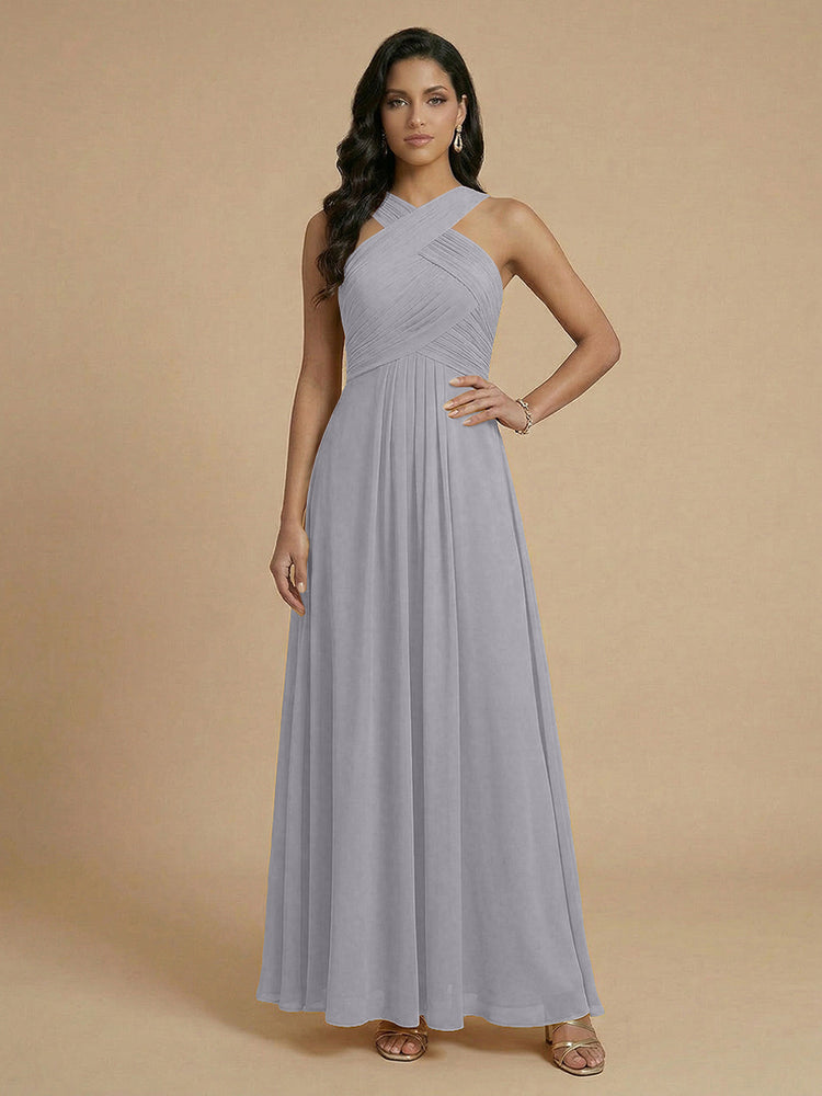 Chiffon A-Line Cross-Neck Long Bridesmaid Dresses with Pleated