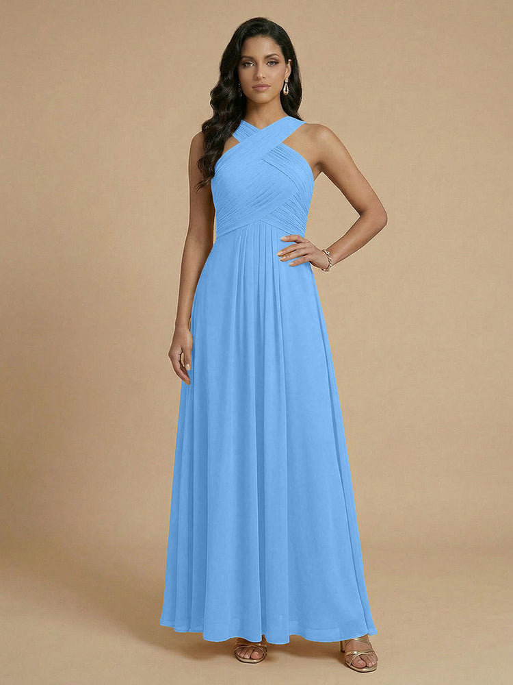 Chiffon A-Line Cross-Neck Long Bridesmaid Dresses with Pleated