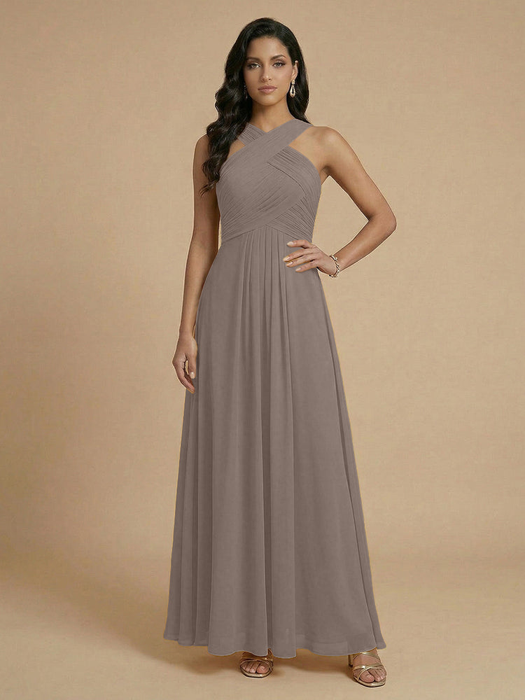 Chiffon A-Line Cross-Neck Long Bridesmaid Dresses with Pleated