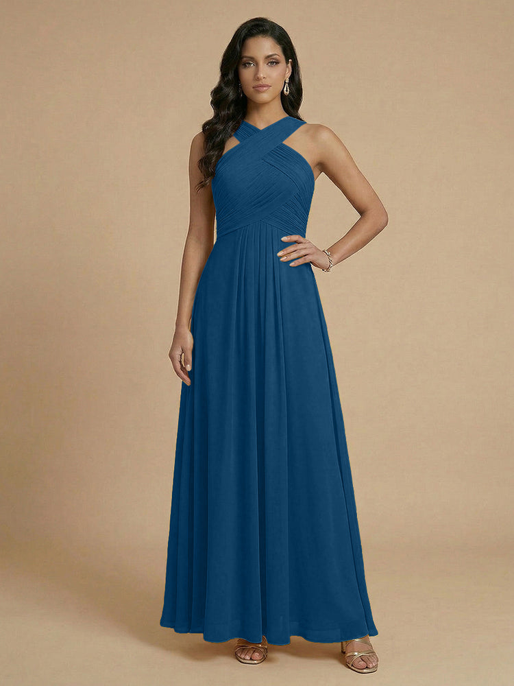 Chiffon A-Line Cross-Neck Long Bridesmaid Dresses with Pleated