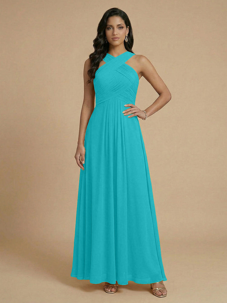 Chiffon A-Line Cross-Neck Long Bridesmaid Dresses with Pleated