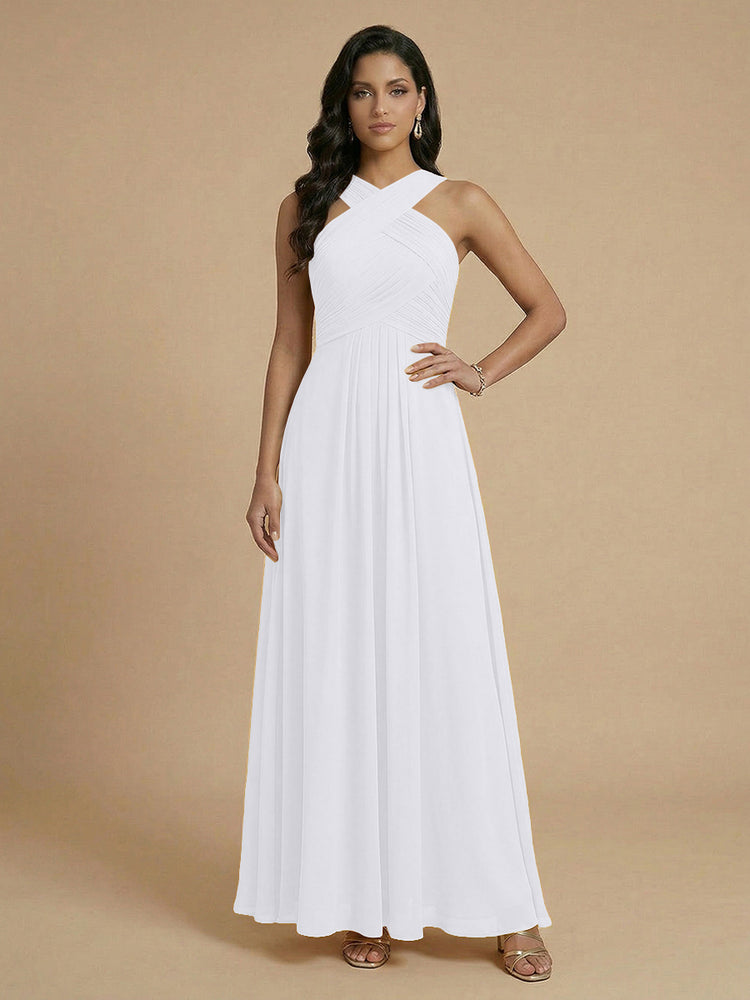 Chiffon A-Line Cross-Neck Long Bridesmaid Dresses with Pleated