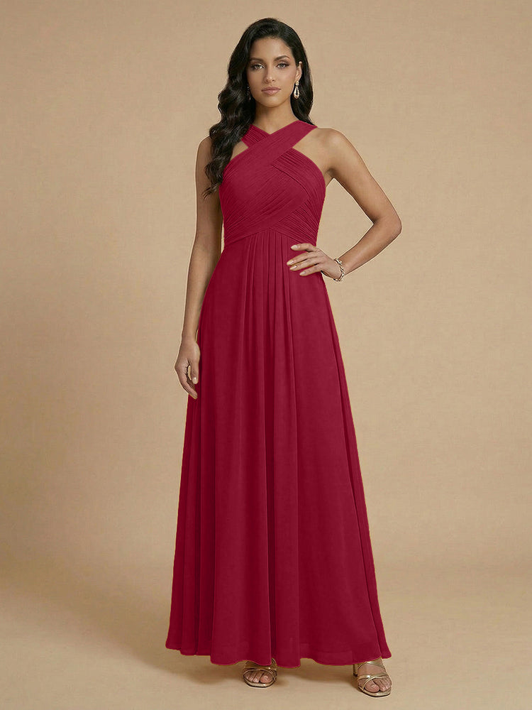 Chiffon A-Line Cross-Neck Long Bridesmaid Dresses with Pleated