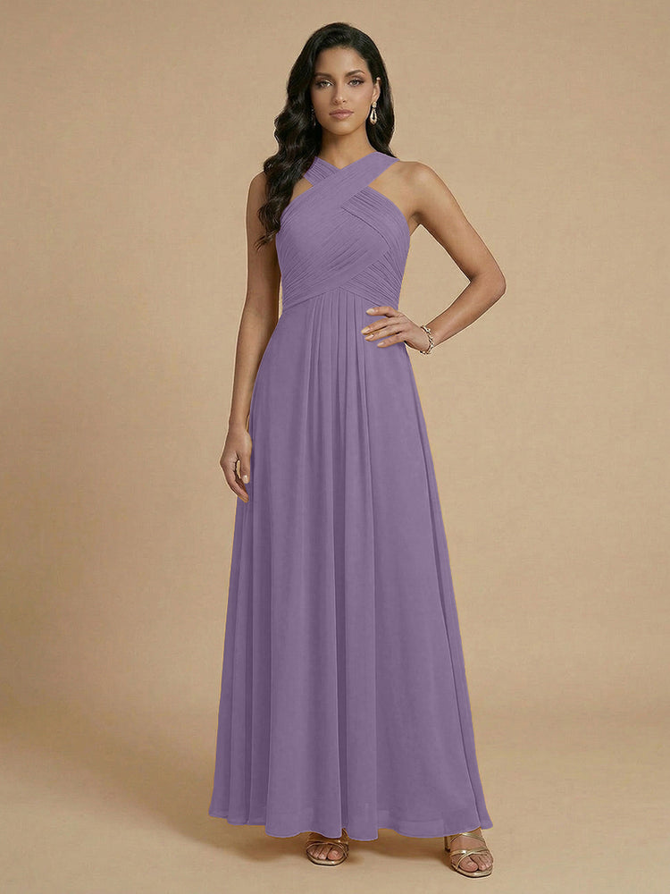 Chiffon A-Line Cross-Neck Long Bridesmaid Dresses with Pleated