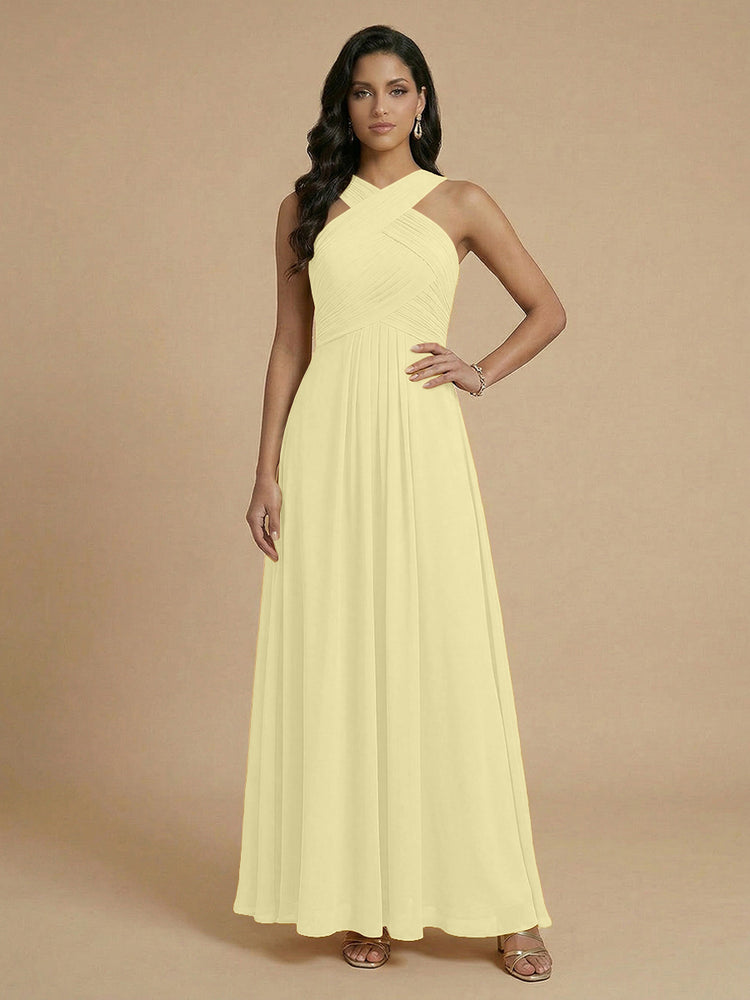 Chiffon A-Line Cross-Neck Long Bridesmaid Dresses with Pleated