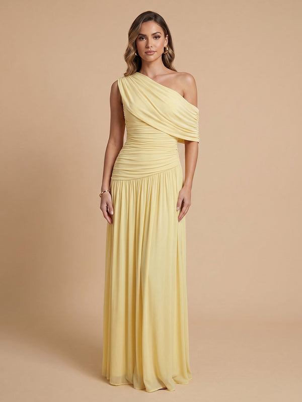 Chiffon A-Line Cold-Shoulder Long Bridesmaid Dresses with Pleated