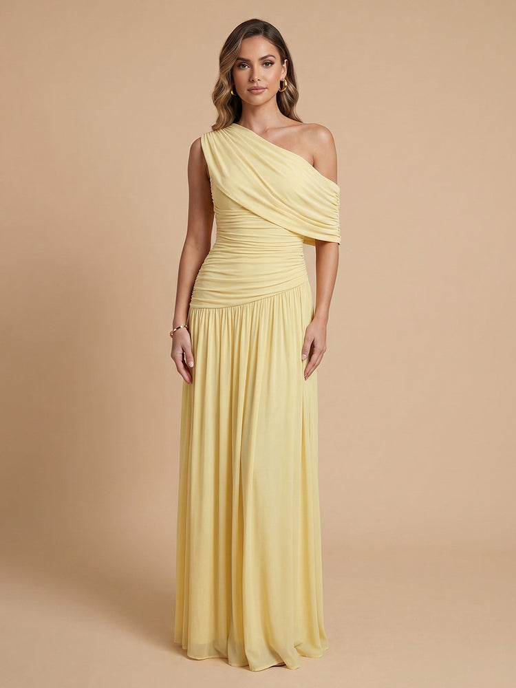 Chiffon A-Line Cold-Shoulder Long Bridesmaid Dresses with Pleated