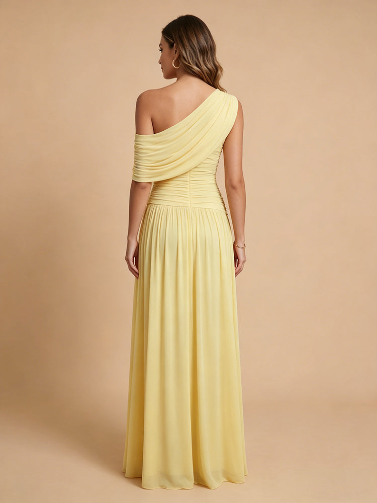 Chiffon A-Line Cold-Shoulder Long Bridesmaid Dresses with Pleated