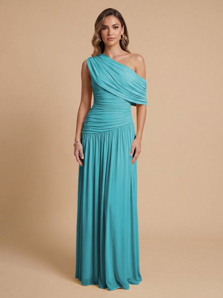 Chiffon A-Line Cold-Shoulder Long Bridesmaid Dresses with Pleated