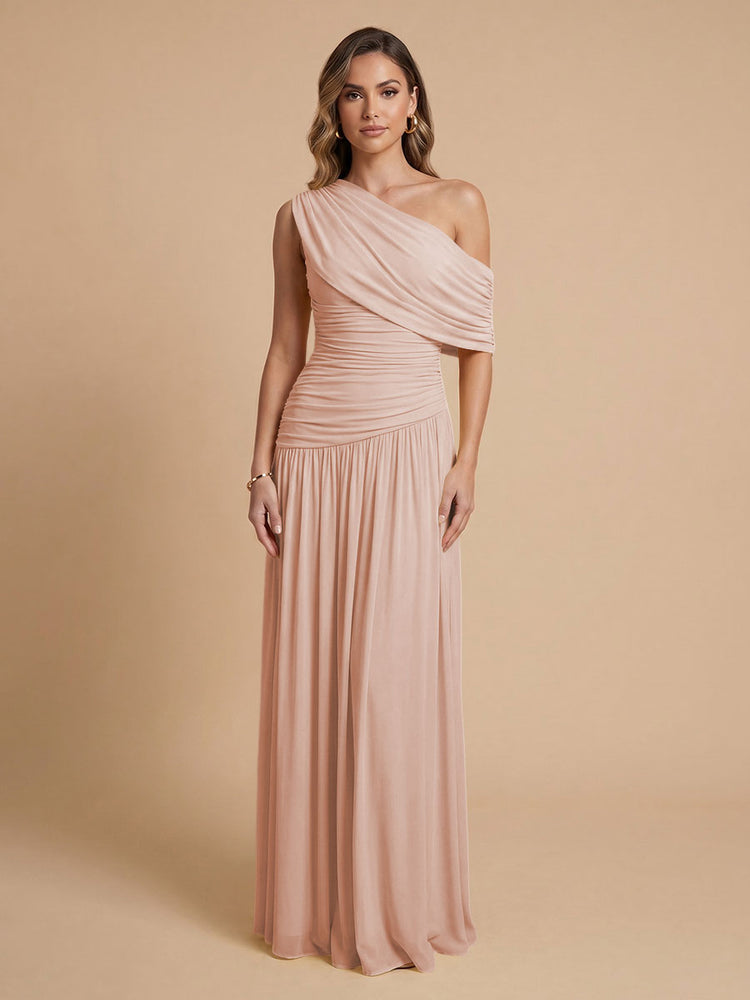 Chiffon A-Line Cold-Shoulder Long Bridesmaid Dresses with Pleated