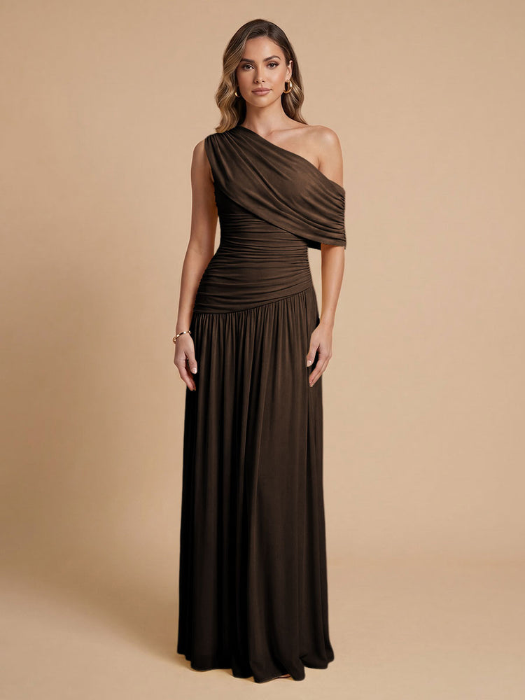 Chiffon A-Line Cold-Shoulder Long Bridesmaid Dresses with Pleated