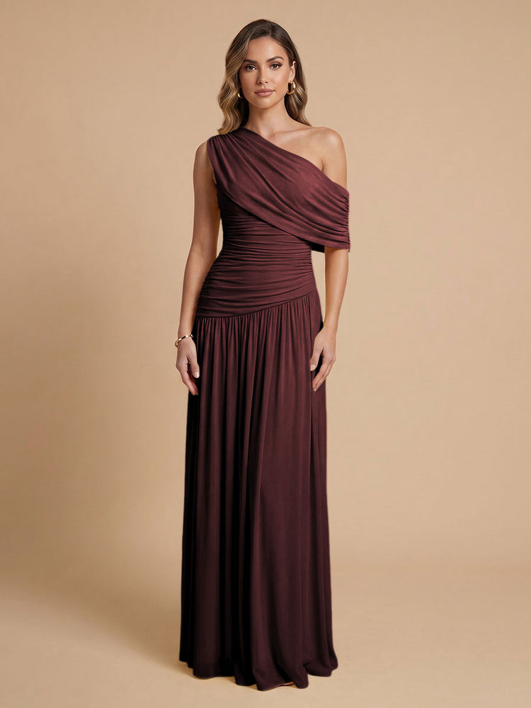 Chiffon A-Line Cold-Shoulder Long Bridesmaid Dresses with Pleated