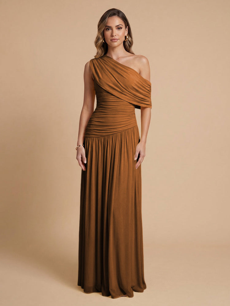 Chiffon A-Line Cold-Shoulder Long Bridesmaid Dresses with Pleated