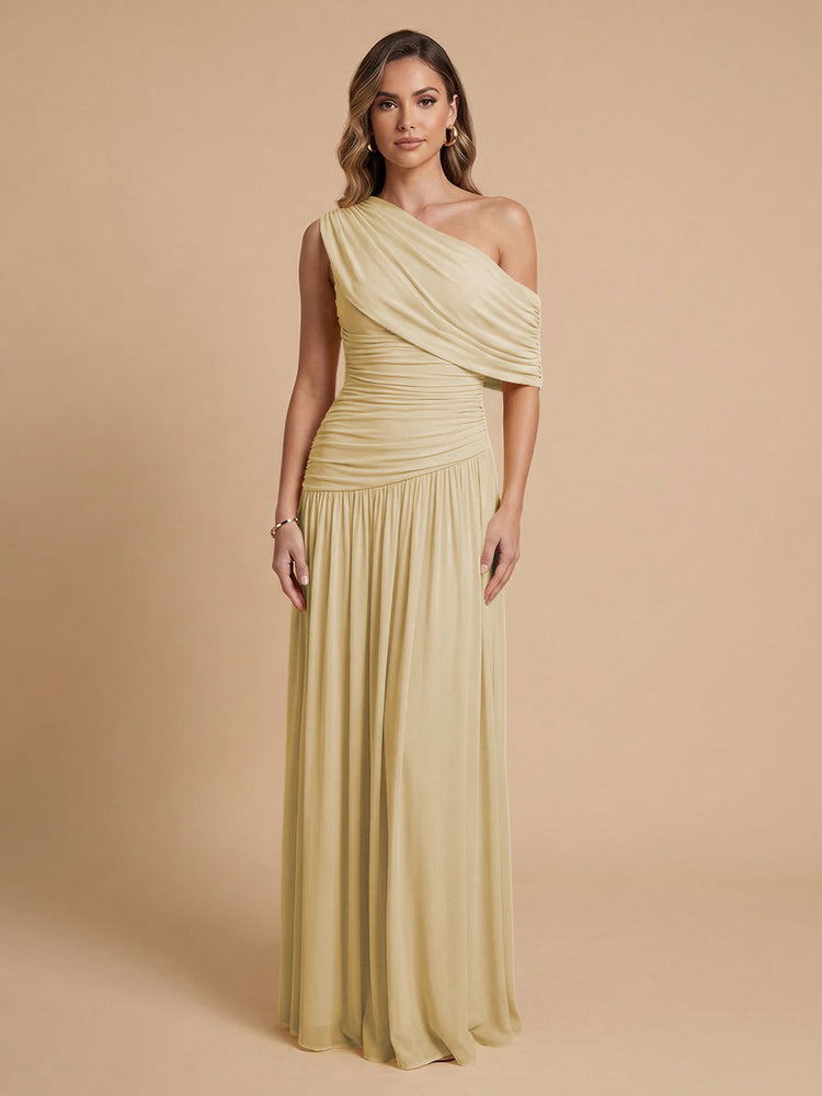 Chiffon A-Line Cold-Shoulder Long Bridesmaid Dresses with Pleated
