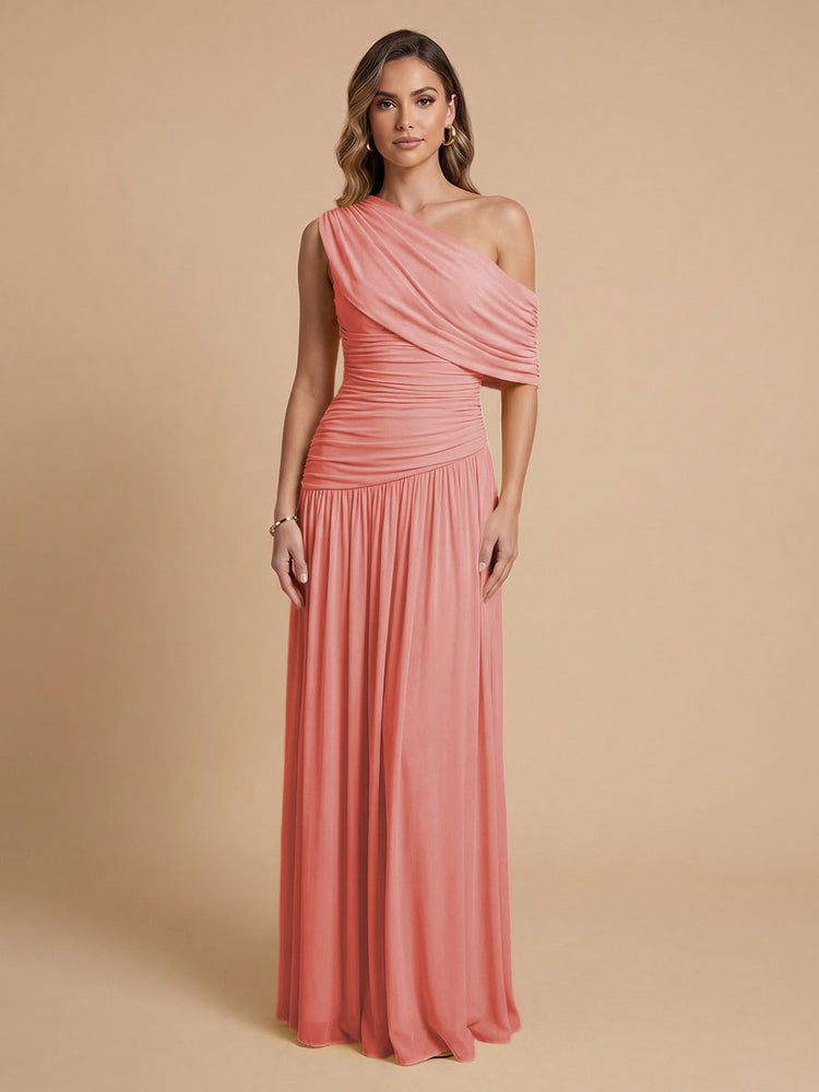 Chiffon A-Line Cold-Shoulder Long Bridesmaid Dresses with Pleated