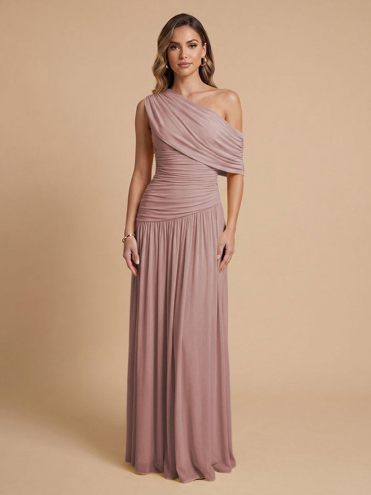 Chiffon A-Line Cold-Shoulder Long Bridesmaid Dresses with Pleated