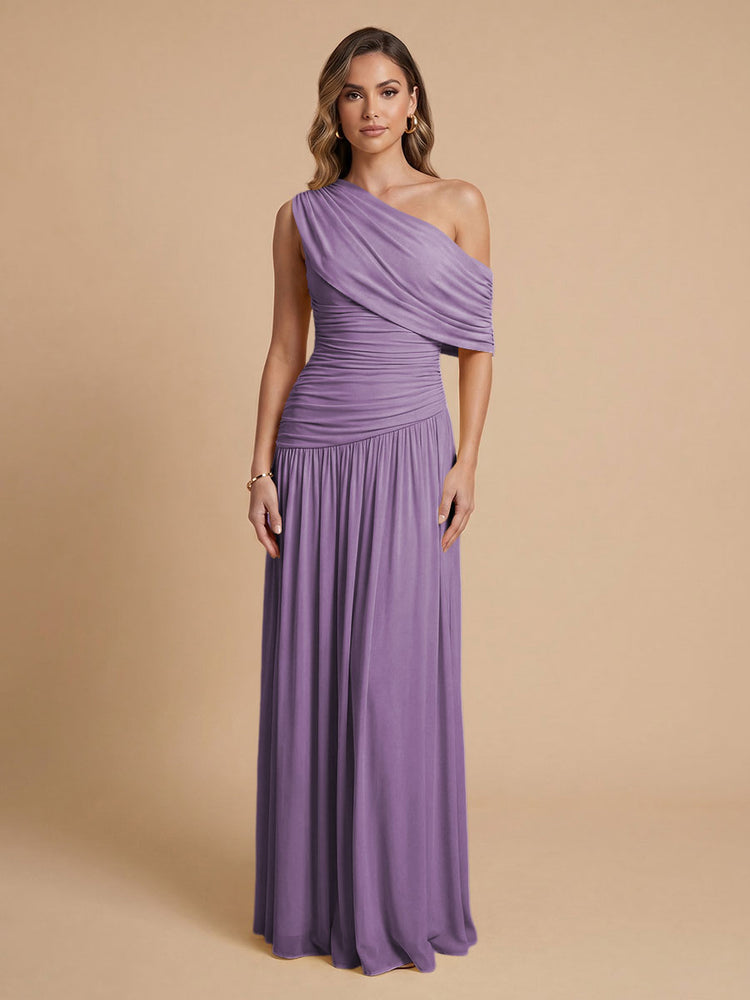 Chiffon A-Line Cold-Shoulder Long Bridesmaid Dresses with Pleated