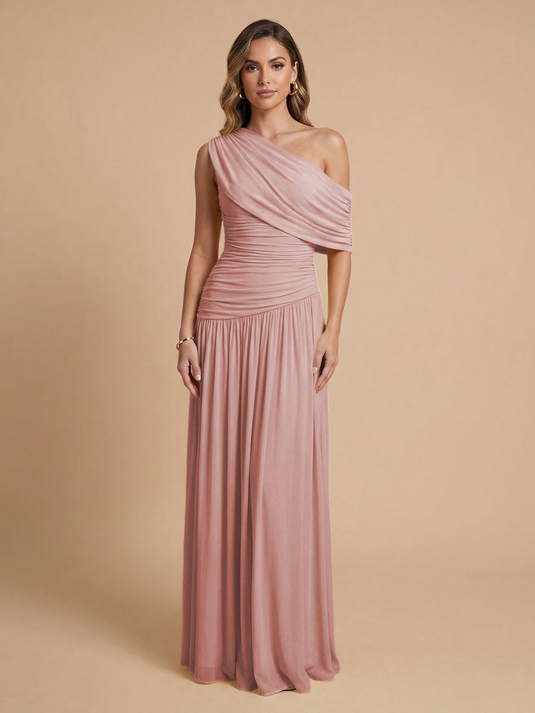 Chiffon A-Line Cold-Shoulder Long Bridesmaid Dresses with Pleated
