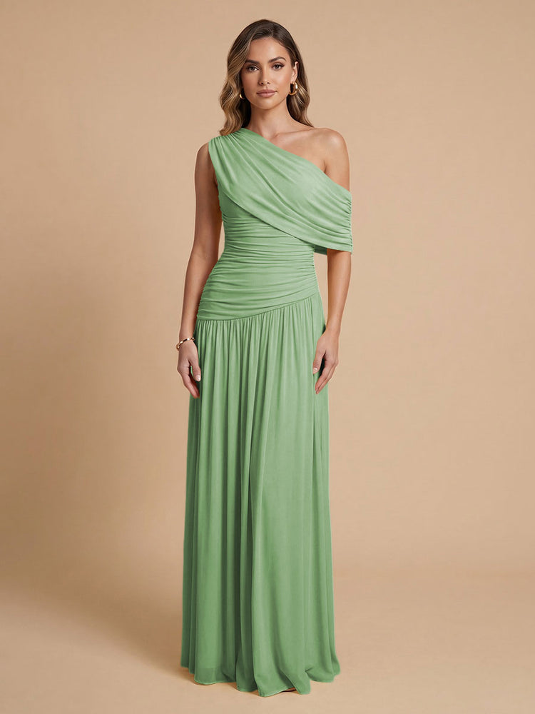 Chiffon A-Line Cold-Shoulder Long Bridesmaid Dresses with Pleated