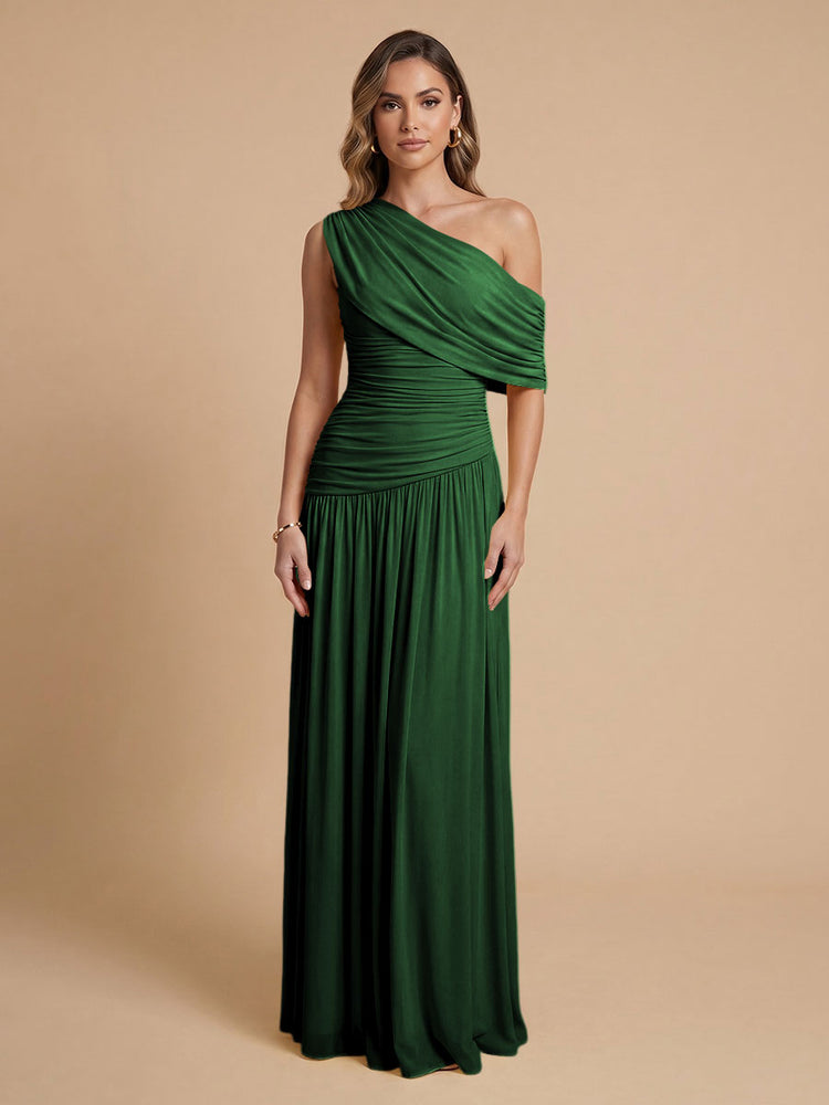 Chiffon A-Line Cold-Shoulder Long Bridesmaid Dresses with Pleated