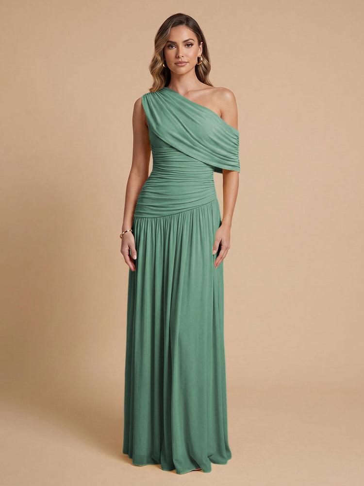 Chiffon A-Line Cold-Shoulder Long Bridesmaid Dresses with Pleated