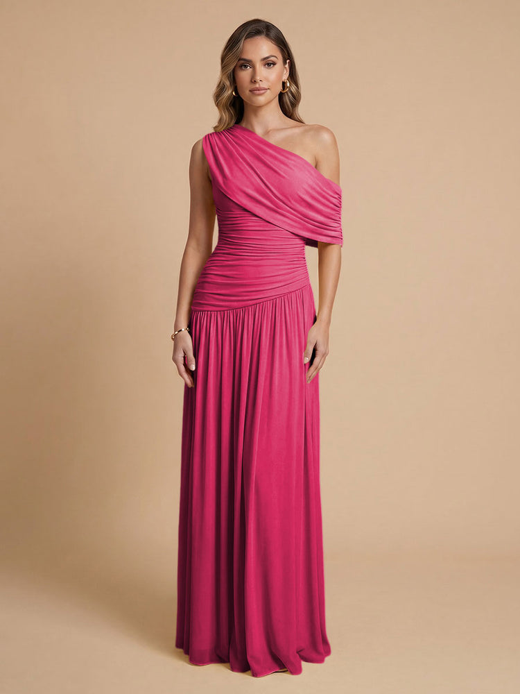 Chiffon A-Line Cold-Shoulder Long Bridesmaid Dresses with Pleated