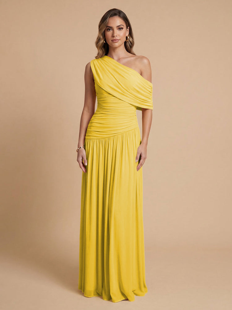 Chiffon A-Line Cold-Shoulder Long Bridesmaid Dresses with Pleated