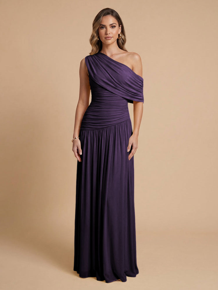 Chiffon A-Line Cold-Shoulder Long Bridesmaid Dresses with Pleated