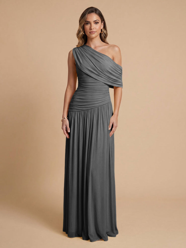 Chiffon A-Line Cold-Shoulder Long Bridesmaid Dresses with Pleated