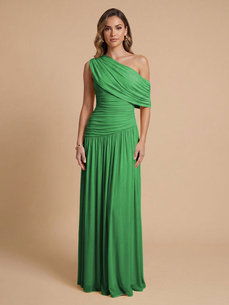 Chiffon A-Line Cold-Shoulder Long Bridesmaid Dresses with Pleated
