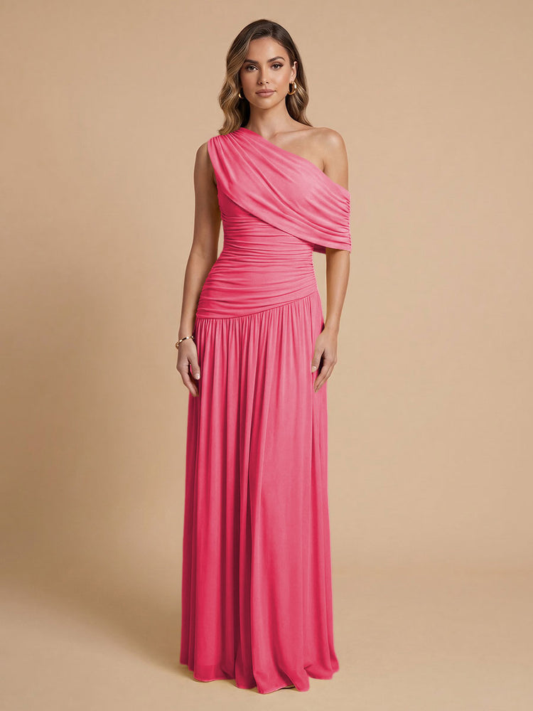 Chiffon A-Line Cold-Shoulder Long Bridesmaid Dresses with Pleated