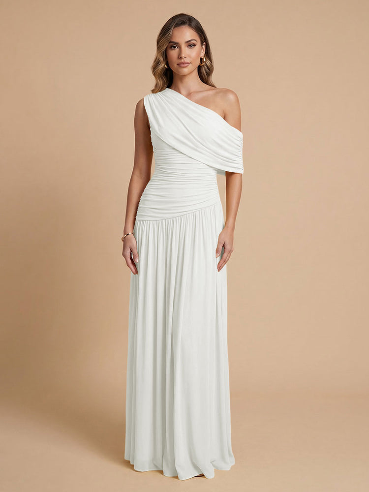 Chiffon A-Line Cold-Shoulder Long Bridesmaid Dresses with Pleated