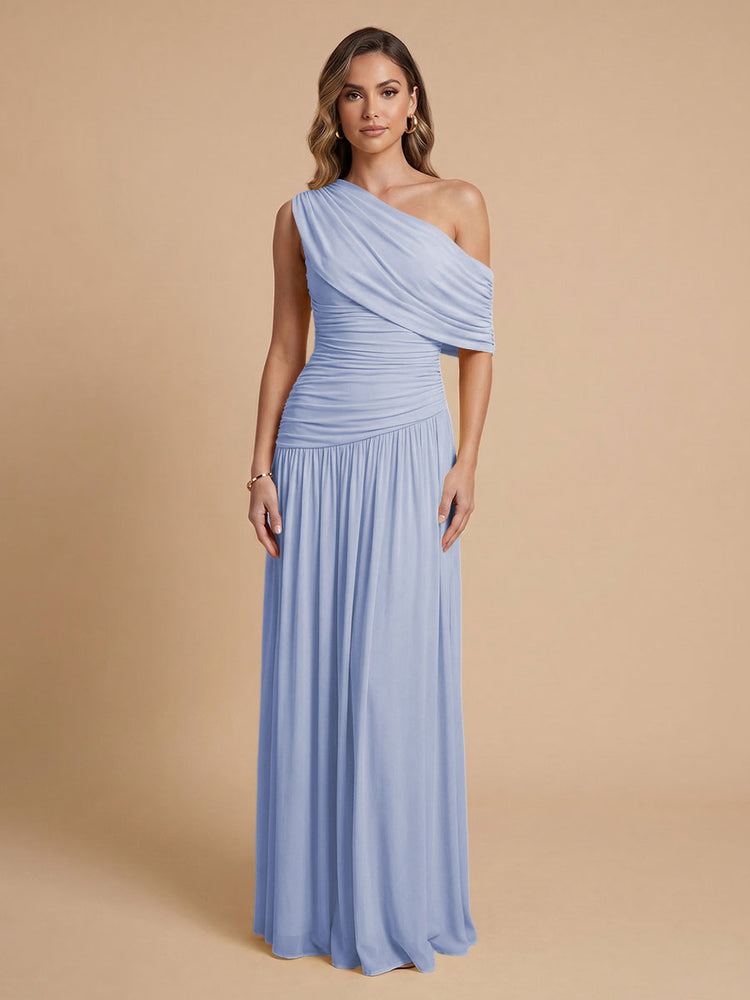 Chiffon A-Line Cold-Shoulder Long Bridesmaid Dresses with Pleated