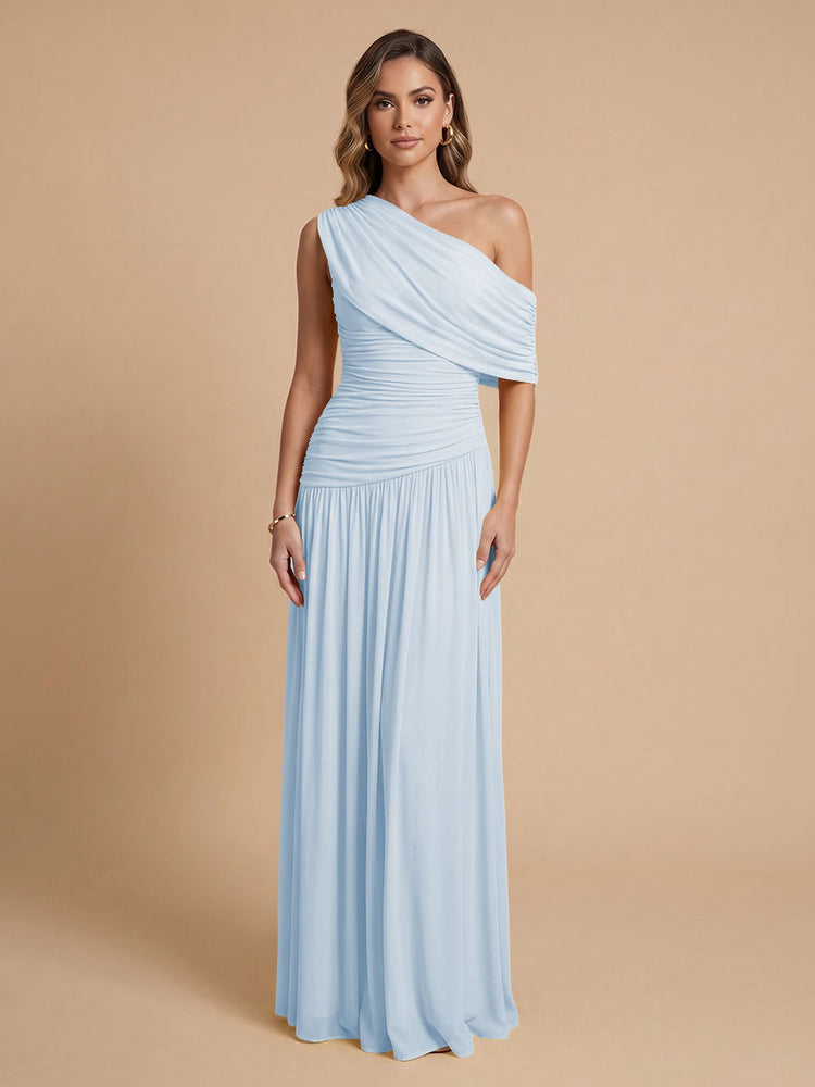 Chiffon A-Line Cold-Shoulder Long Bridesmaid Dresses with Pleated