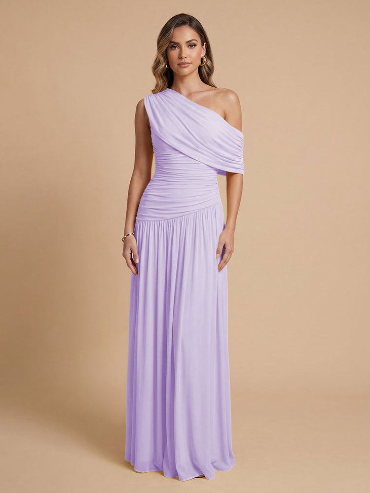 Chiffon A-Line Cold-Shoulder Long Bridesmaid Dresses with Pleated