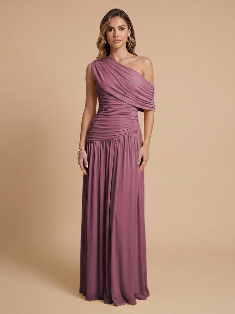 Chiffon A-Line Cold-Shoulder Long Bridesmaid Dresses with Pleated