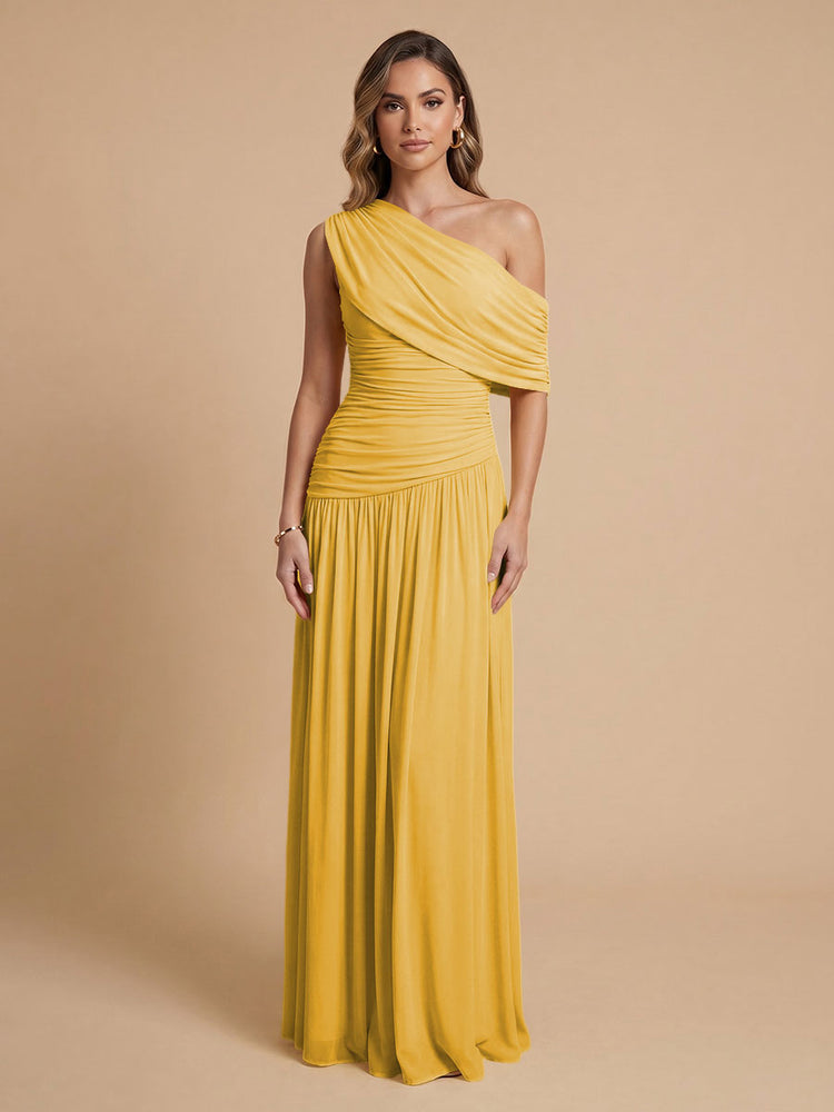 Chiffon A-Line Cold-Shoulder Long Bridesmaid Dresses with Pleated