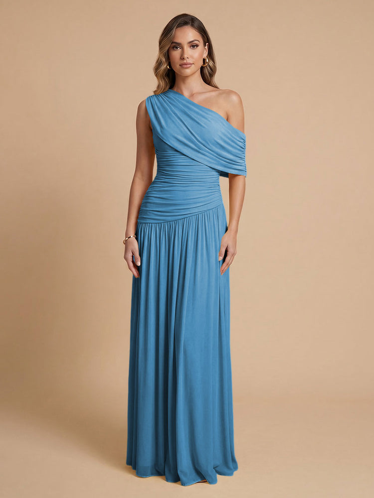 Chiffon A-Line Cold-Shoulder Long Bridesmaid Dresses with Pleated