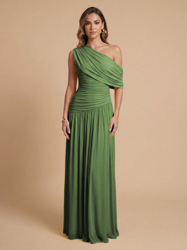 Chiffon A-Line Cold-Shoulder Long Bridesmaid Dresses with Pleated