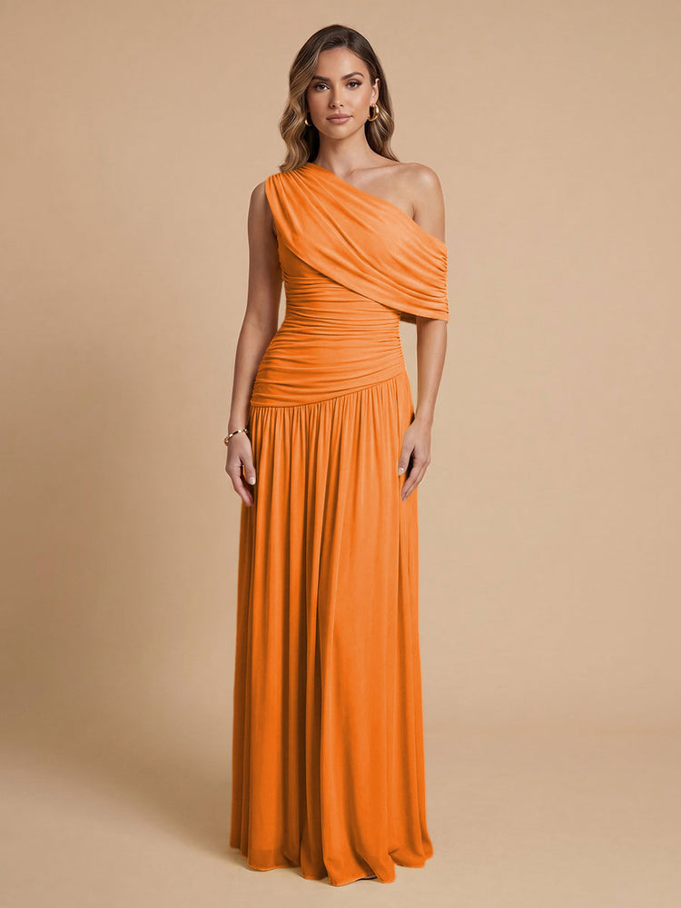 Chiffon A-Line Cold-Shoulder Long Bridesmaid Dresses with Pleated