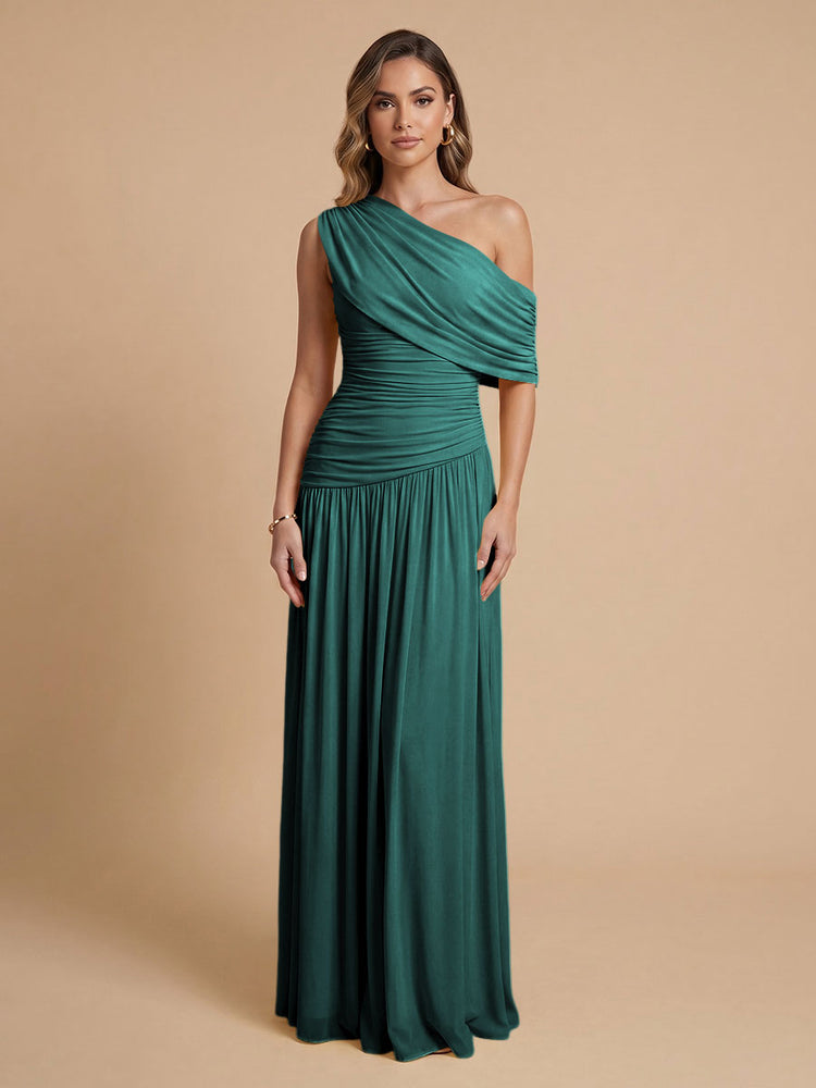 Chiffon A-Line Cold-Shoulder Long Bridesmaid Dresses with Pleated