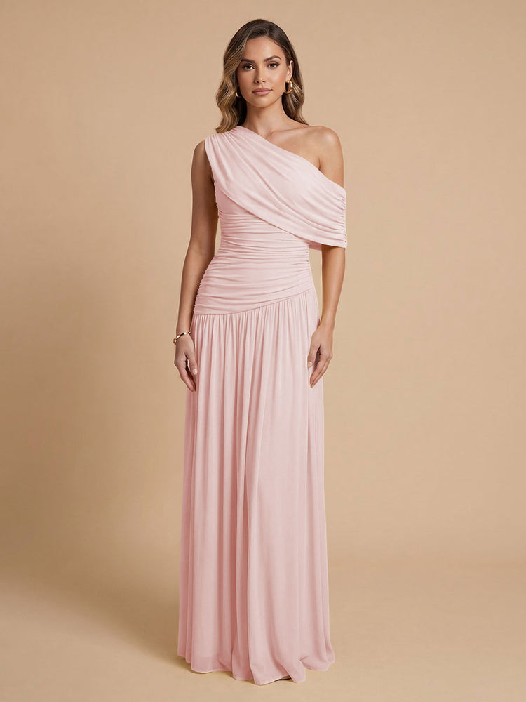 Chiffon A-Line Cold-Shoulder Long Bridesmaid Dresses with Pleated