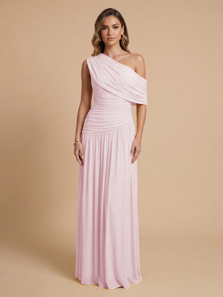 Chiffon A-Line Cold-Shoulder Long Bridesmaid Dresses with Pleated