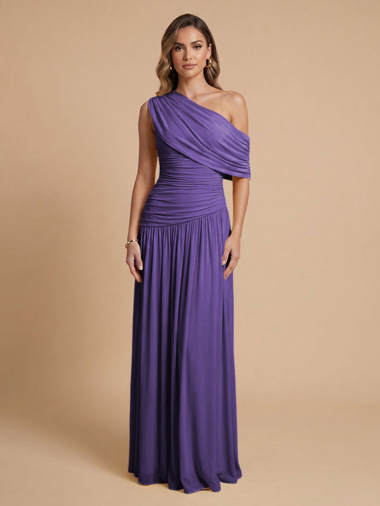 Chiffon A-Line Cold-Shoulder Long Bridesmaid Dresses with Pleated