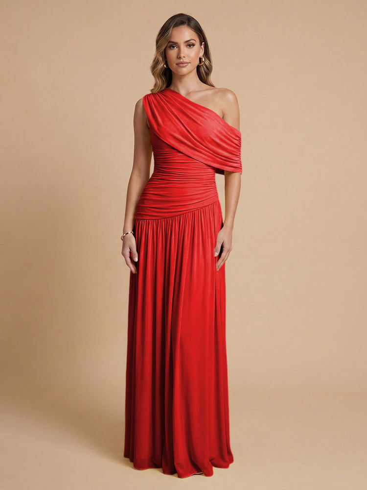 Chiffon A-Line Cold-Shoulder Long Bridesmaid Dresses with Pleated
