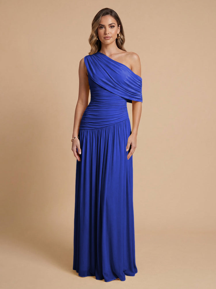 Chiffon A-Line Cold-Shoulder Long Bridesmaid Dresses with Pleated