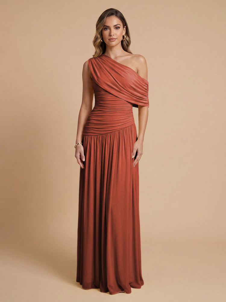 Chiffon A-Line Cold-Shoulder Long Bridesmaid Dresses with Pleated
